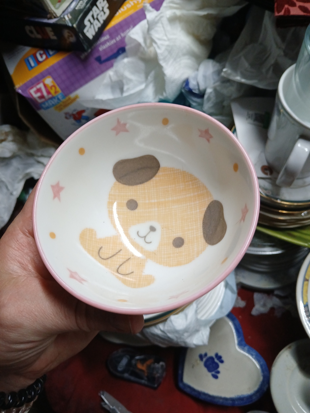 Mino ware Japanese ceramic kids rice bowl with a pink dog and star design